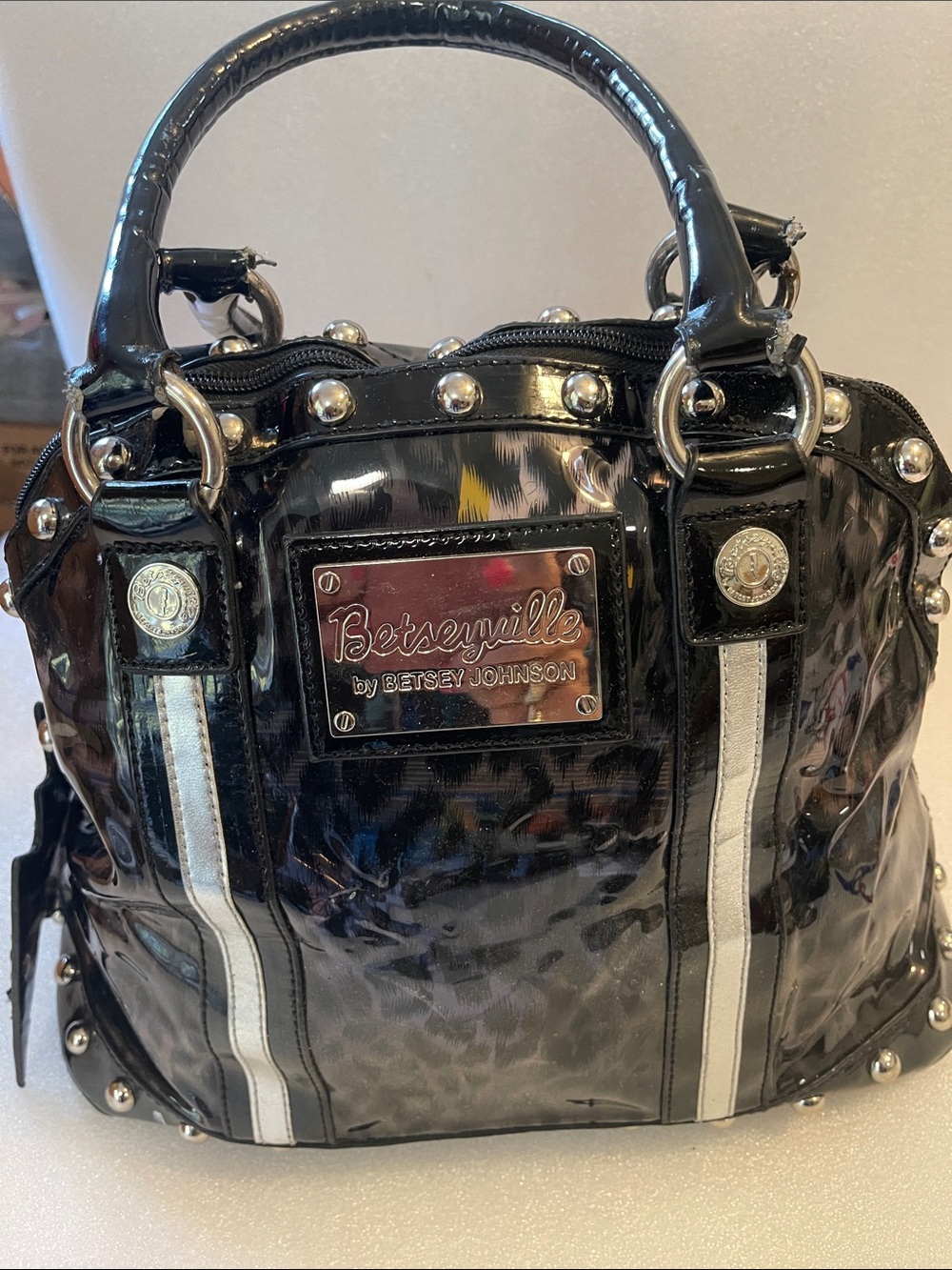 Betsey Johnson Black Patent Satchel with Silver Accents Betseyville